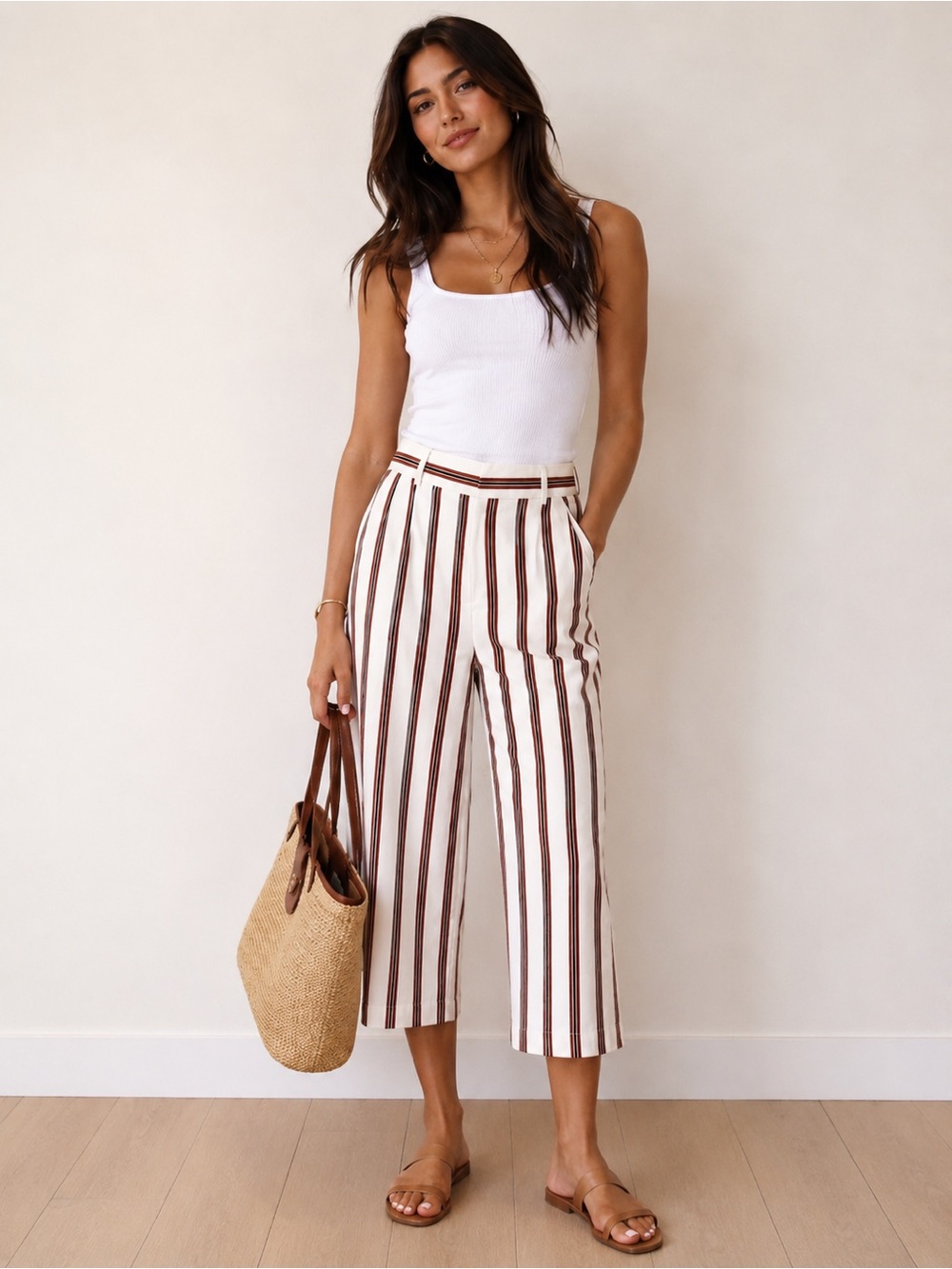 NWT new Maje White Striped High Waist Cropped Wide Leg Pants Women’s